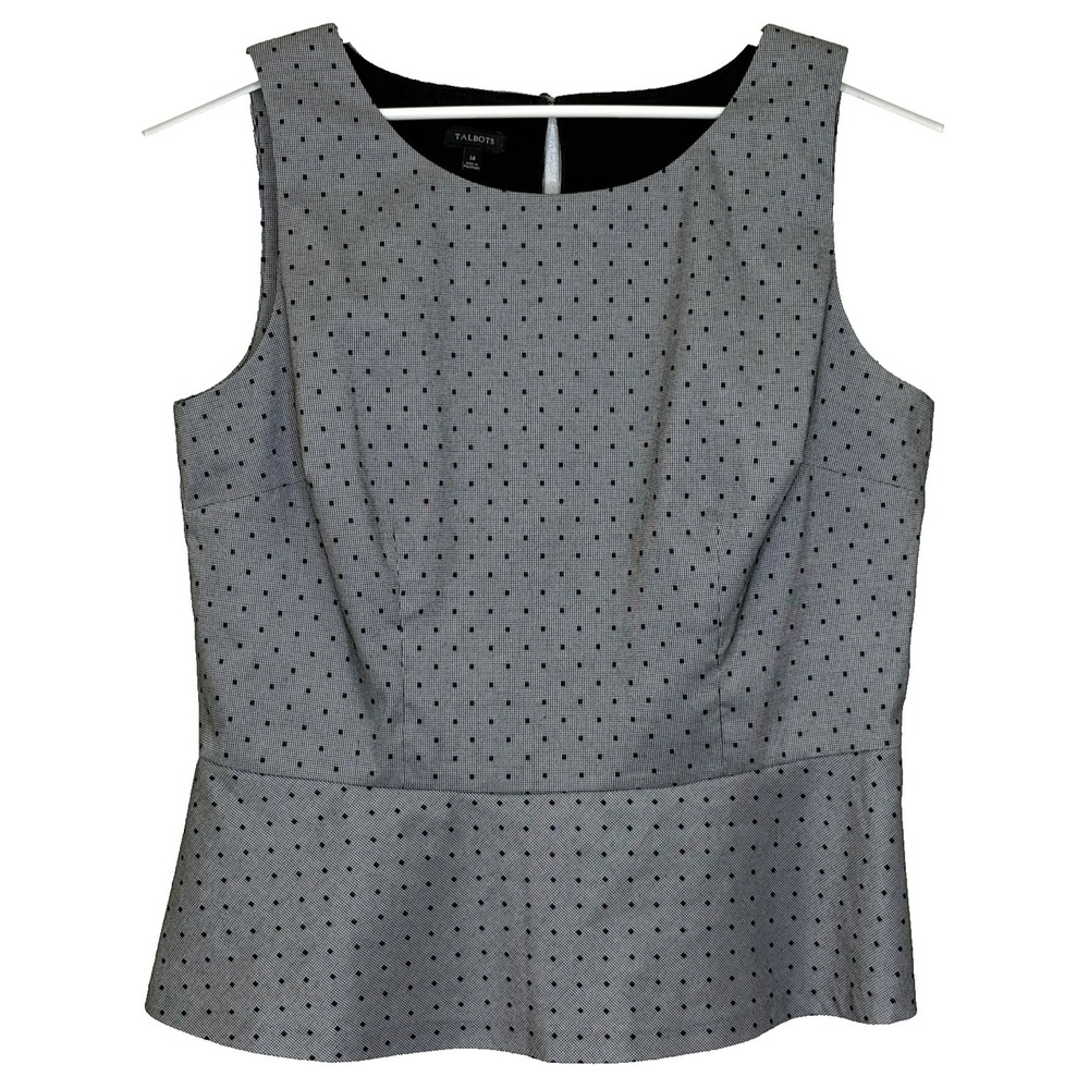 Talbots Peplum Top‎ Womens Sz 14 Black Check Sleeveless Round Neck Lined Career